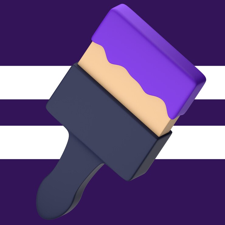 PSD un pincel con pintura morada está sobre un fondo rayado.