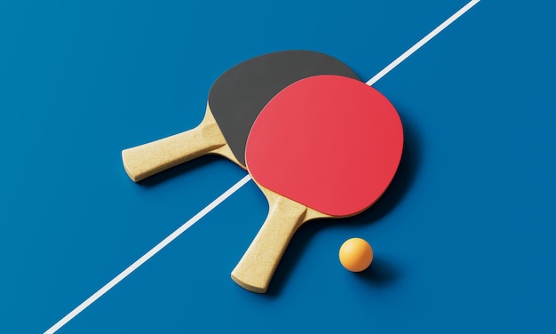Ping-Pong-Rackett und Ball auf dem blauen Tisch