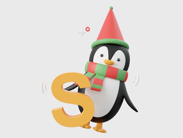 Pingouin avec alphabet S éléments de thème de Noël illustration 3d