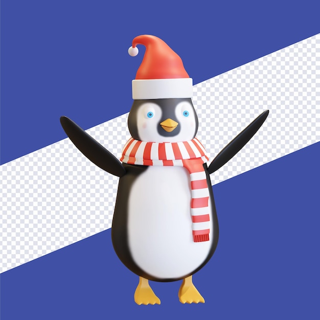 Pingouin mignon avec bonnet de noel et écharpe rouge dépouillé illustration de rendu 3D de noël