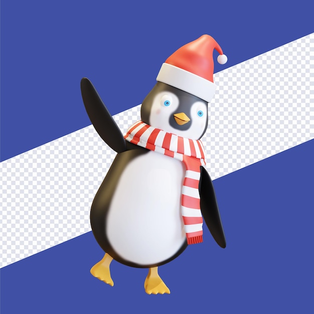 Pingouin mignon avec bonnet de noel et écharpe rouge dépouillé illustration de rendu 3D de noël