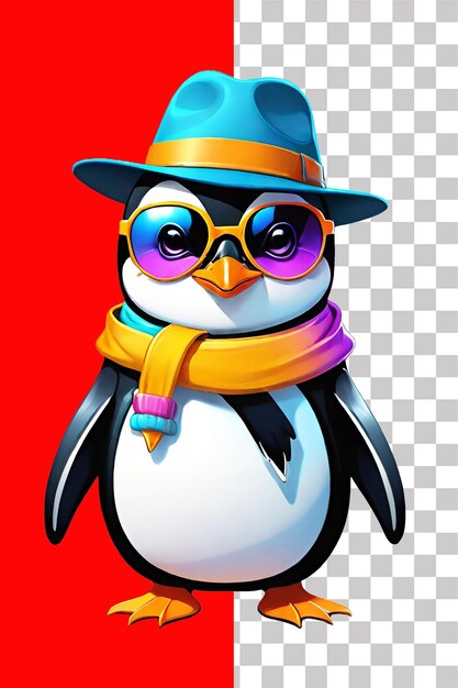 PSD pinguim bonito usando chapéu de inverno e ilustração de lenço em fundo transparente