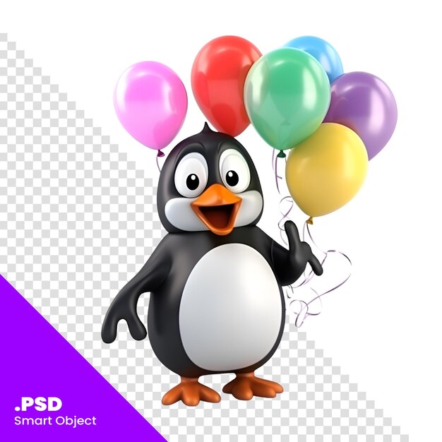 PSD pingüino de dibujos animados con globos en un fondo blanco plantilla psd de renderización 3d