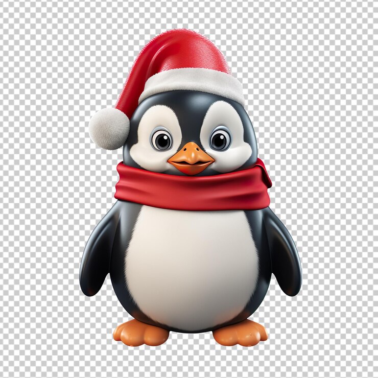 PSD pingüino feliz con un sombrero rojo aislado en un fondo transparente