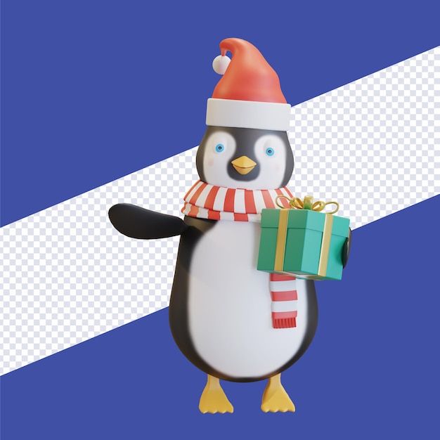 Pingüino con gorro de papá noel con pañuelo rojo con caja de regalo de navidad