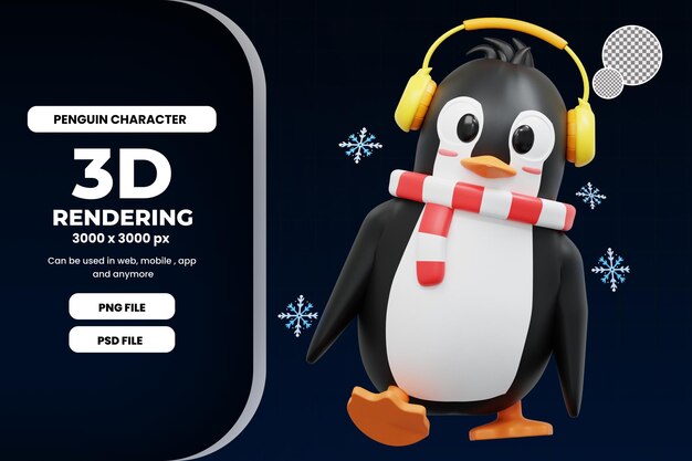 PSD el pingüino lindo que lleva un tapón para los oídos ilustración premium psd