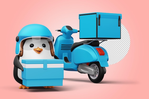 Pingüino lindo que sostiene una representación 3d de la entrega del pingüino de la caja del paquete