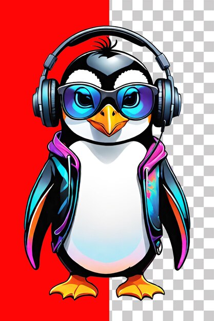 PSD pingüino lindo con sombrero de invierno y bufanda con ilustración de auriculares en un fondo transparente