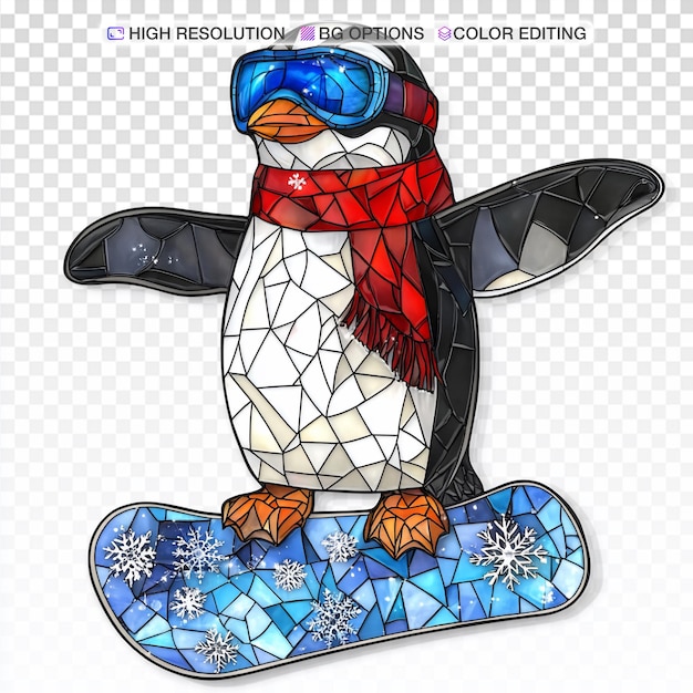 Un pingüino lúdico haciendo snowboard en estilo de vidrio pintado sobre un fondo blanco