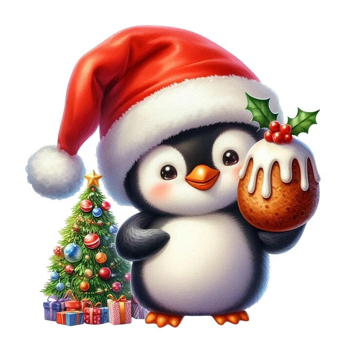 PSD un pingüino con un sombrero y un árbol de navidad en el fondo