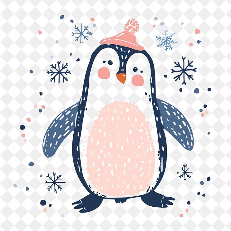 PSD un pingüino con un sombrero rosa y copos de nieve en el fondo