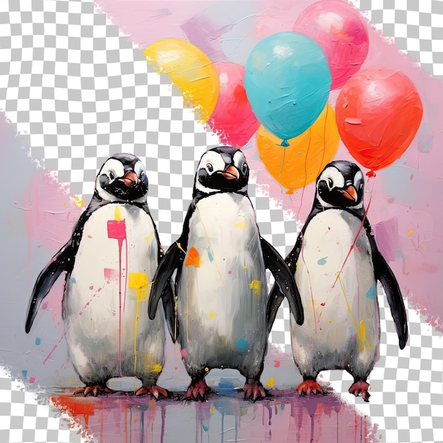 PSD pingüinos con globos coloridos que son divertidos trasfondo transparente