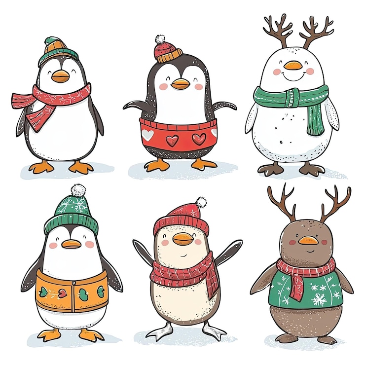 PSD pingüinos de navidad de dibujos animados con ropa de invierno