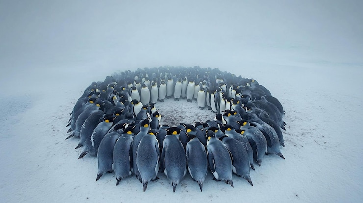 PSD los pingüinos reyes se agrupan en círculo en un terreno nevado durante un día de niebla en la antártida