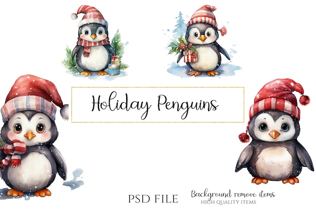 PSD pinguins bonitos de natal ilustrações de clipart de natal