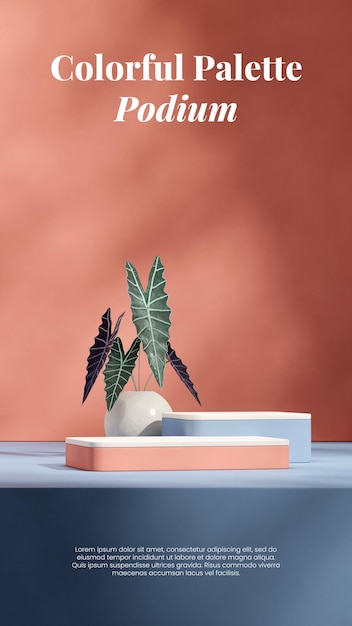 pink and blue block shape podium in portrait caladium plant 3d image render mockup template