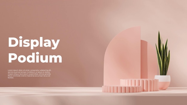 pink color curved cylinder podium in landscape pot and half archs 3d image render blank mockup