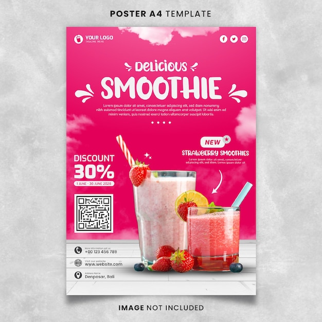 Pink Delicious Strawberry Smoothie Poster A4-Vorlage zum Drucken bereit