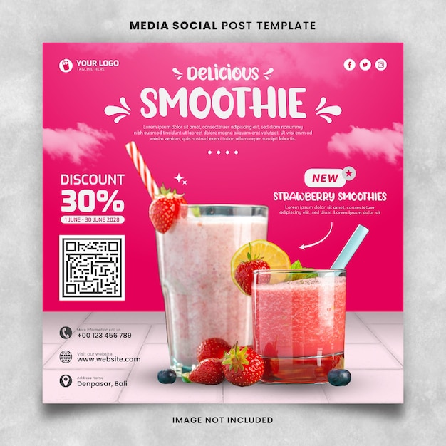 Pink Delicious Strawberry Smoothie Social Media Post Vorlage