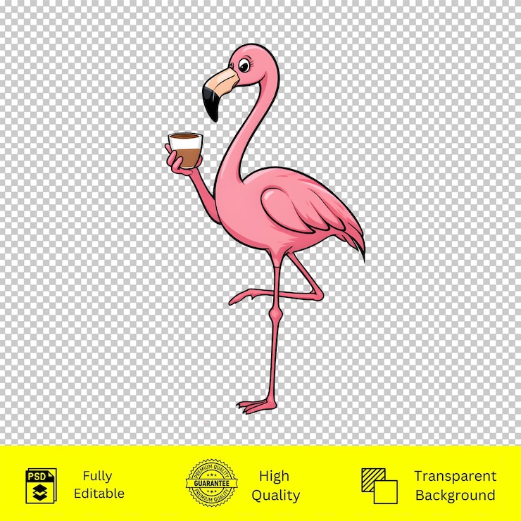 PSD pink flamingo with coffee cup