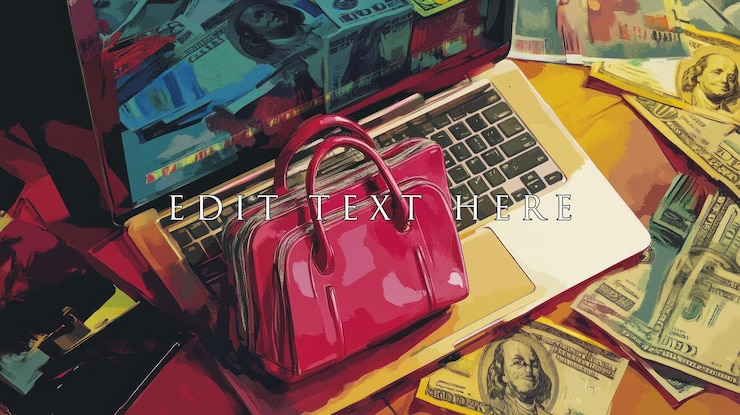 PSD pink handbag rests on laptop amidst scattered dollar bills online shopping concept