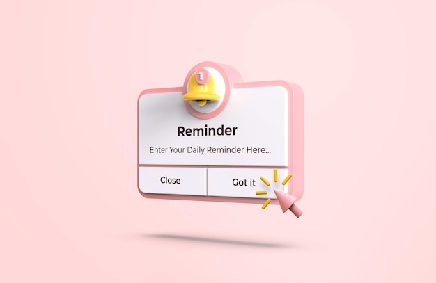 Pink Reminder interface in 3d design mockup