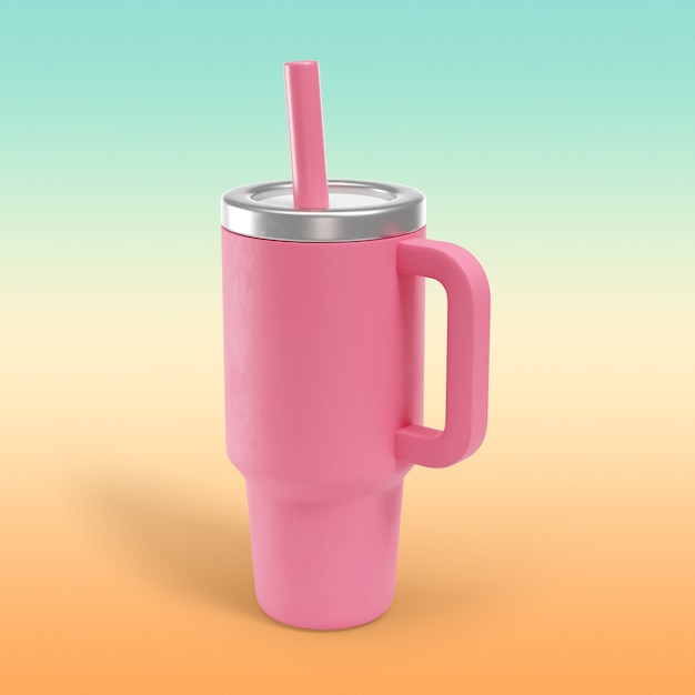 Pinker Becher mit Strohhalm 3D-Rendering