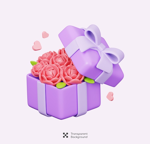 Pinker Blumenstrauß in purpurfarbener Geschenkbox Glücklicher Muttertag Dekorationselement Ikonen 3D-Rendering