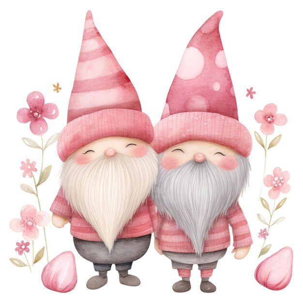 Pinkes gnompaar schöne aquarelle mit blume im valentinstagsthema