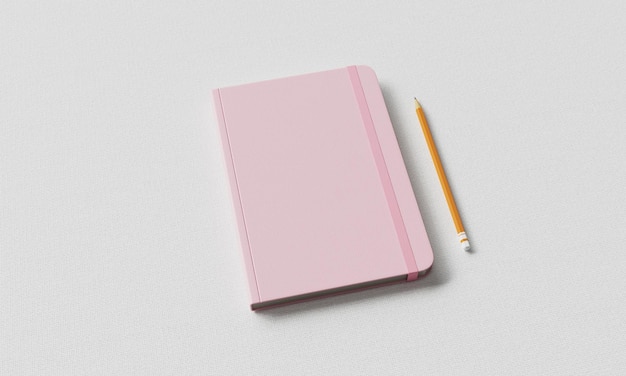 Pinkes Tagebuch mit Bleistift auf weißem Hintergrund Mock-up 3D-Rendering