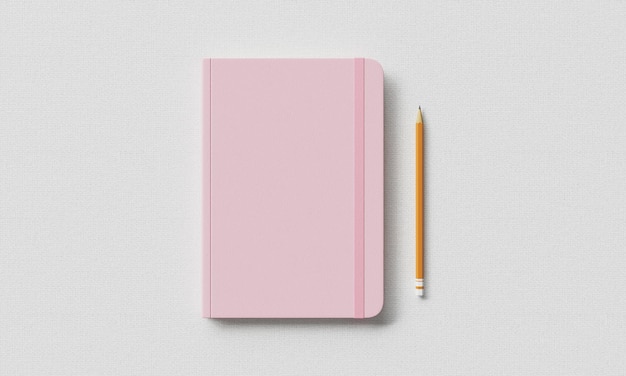 Pinkes Tagebuch mit Bleistift auf weißem Hintergrund Mock-up 3D-Rendering