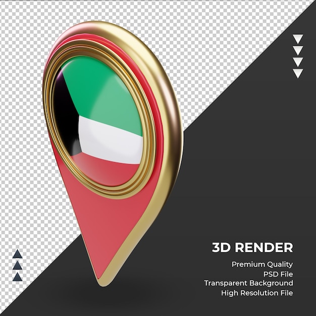 Pino de localização 3d da bandeira do kuwait renderizando a vista direita