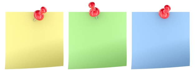 Pins con note colorate in bianco carta rendering 3D isolato su sfondo trasparente