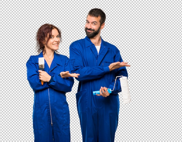 Pintores, apresentando, um, idéia, enquanto, olhar, sorrindo, direção