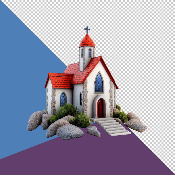 PSD pintoresca capilla de piedra con techo de azulejos rojos en un afloramiento rocoso