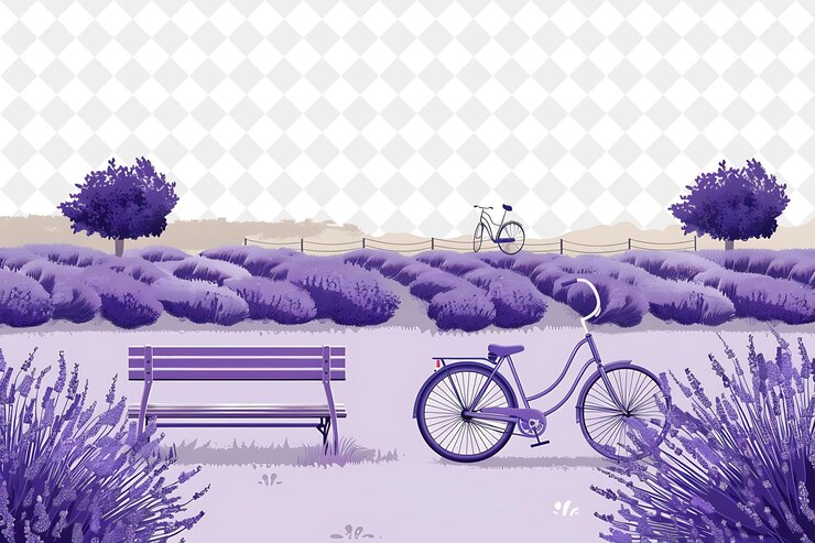 PSD pintoresco campo de lavanda com encantadora ilustração de banco de estilo francês desenho de cenários naturais