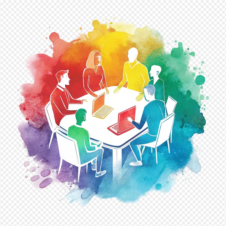 PSD pintura a aquarela cores vibrantes reunião de grupo brainstorming criativo