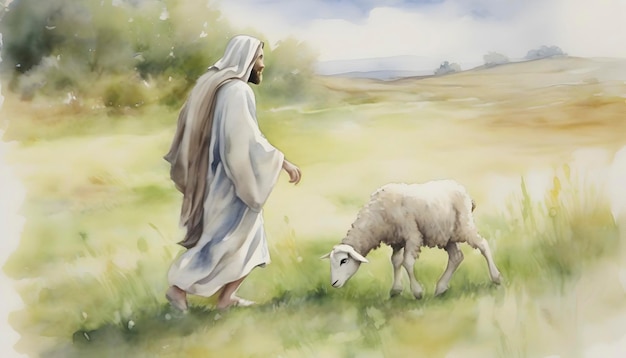 PSD pintura a aquarela de jesus cristo caminhando com um cordeiro em estilo impressionista