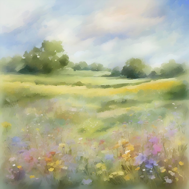 PSD pintura a aquarela de um campo de flores silvestres aigenerado