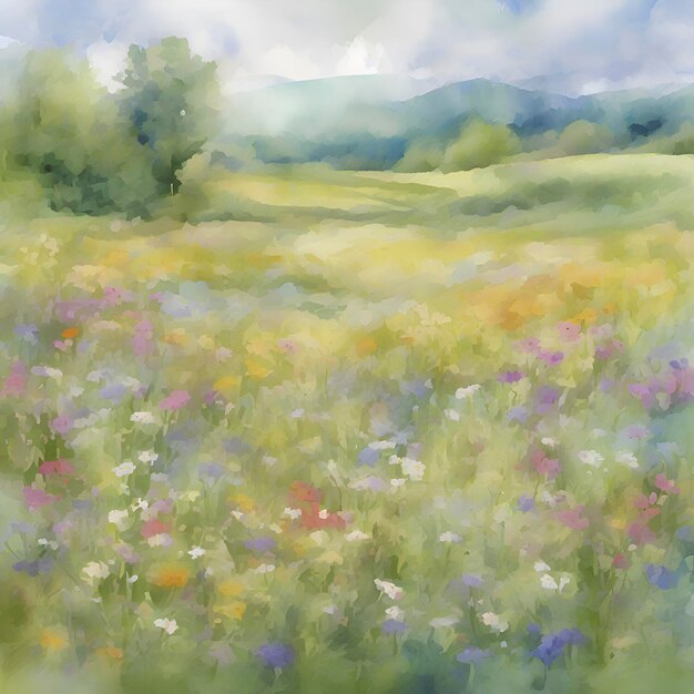 PSD pintura a aquarela de um campo de flores silvestres aigenerado