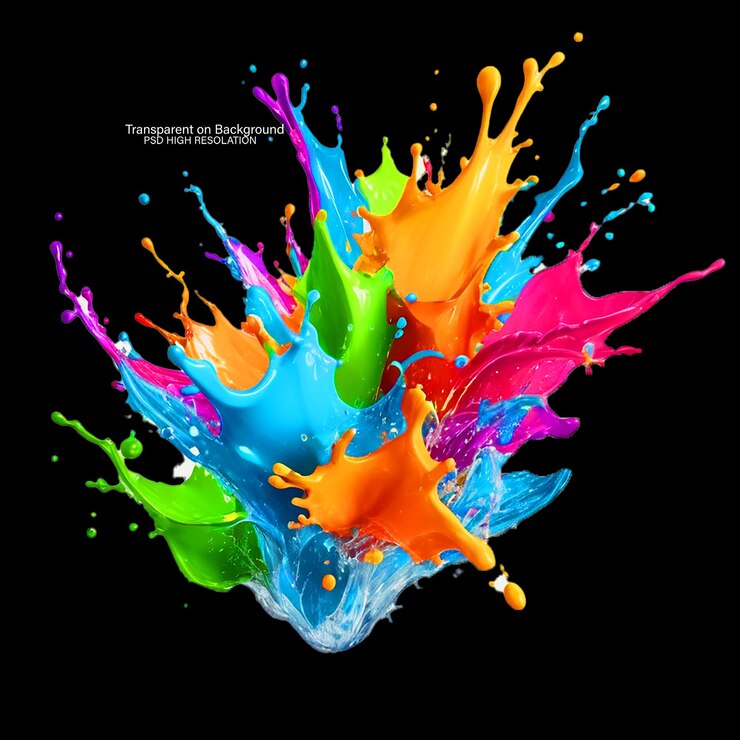 PSD pintura abstrata salpicando em cores vibrantes movimento líquido em fundo transparente
