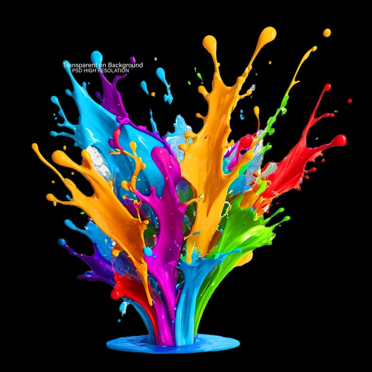 PSD pintura abstrata salpicando em cores vibrantes movimento líquido em fundo transparente