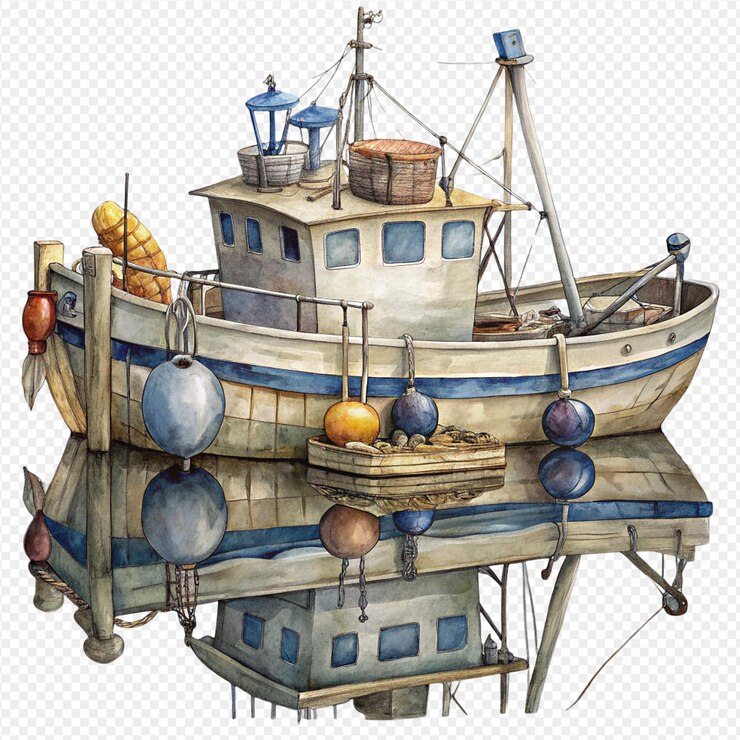 PSD pintura en acuarela de un barco de pesca azul y blanco