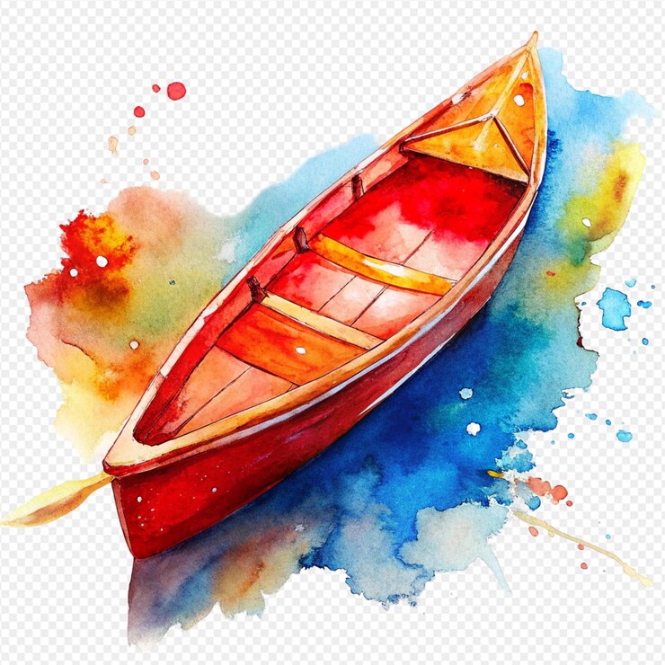 PSD pintura en acuarela canoa roja vibrante agua reflectante salpicaduras artísticas