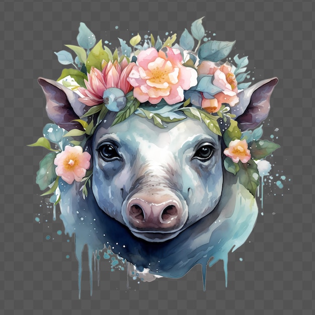 PSD una pintura en acuarela de un cerdo con flores en él