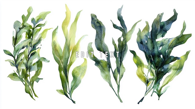 Pintura en acuarela de cuatro ramas de algas verdes y azules sobre un fondo blanco