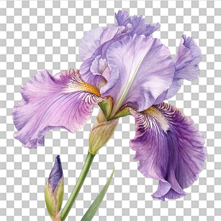 PSD pintura en acuarela de una flor de iris púrpura aislada sobre un fondo transparente