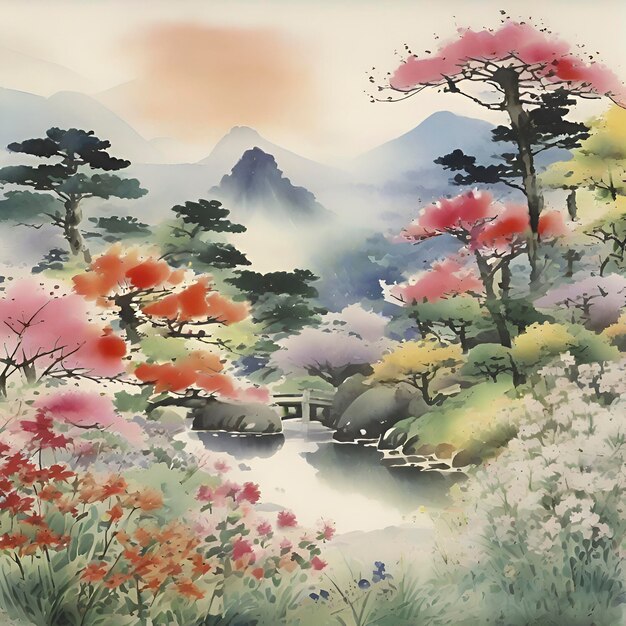 Pintura en acuarela de un jardín de flores silvestres al estilo de la pintura tradicional japonesa