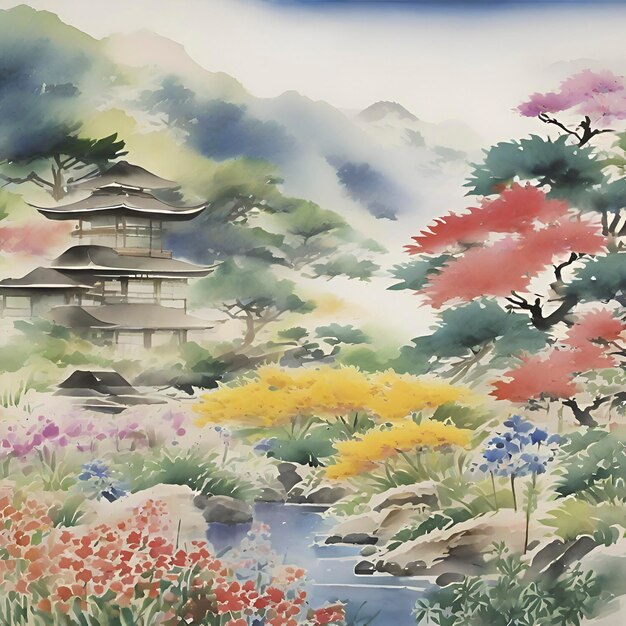 Pintura en acuarela de un jardín de flores silvestres al estilo de la pintura tradicional japonesa