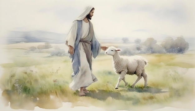 PSD pintura en acuarela de jesucristo caminando con un cordero en un estilo impresionista